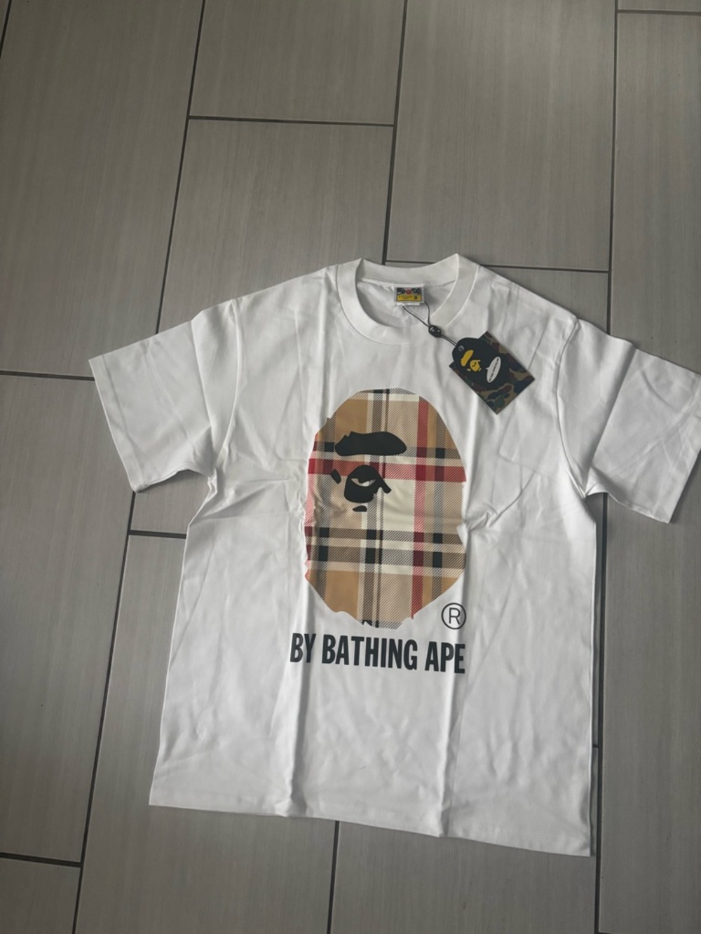 Bape White T-Shirt with Beige Plaid Ape Head